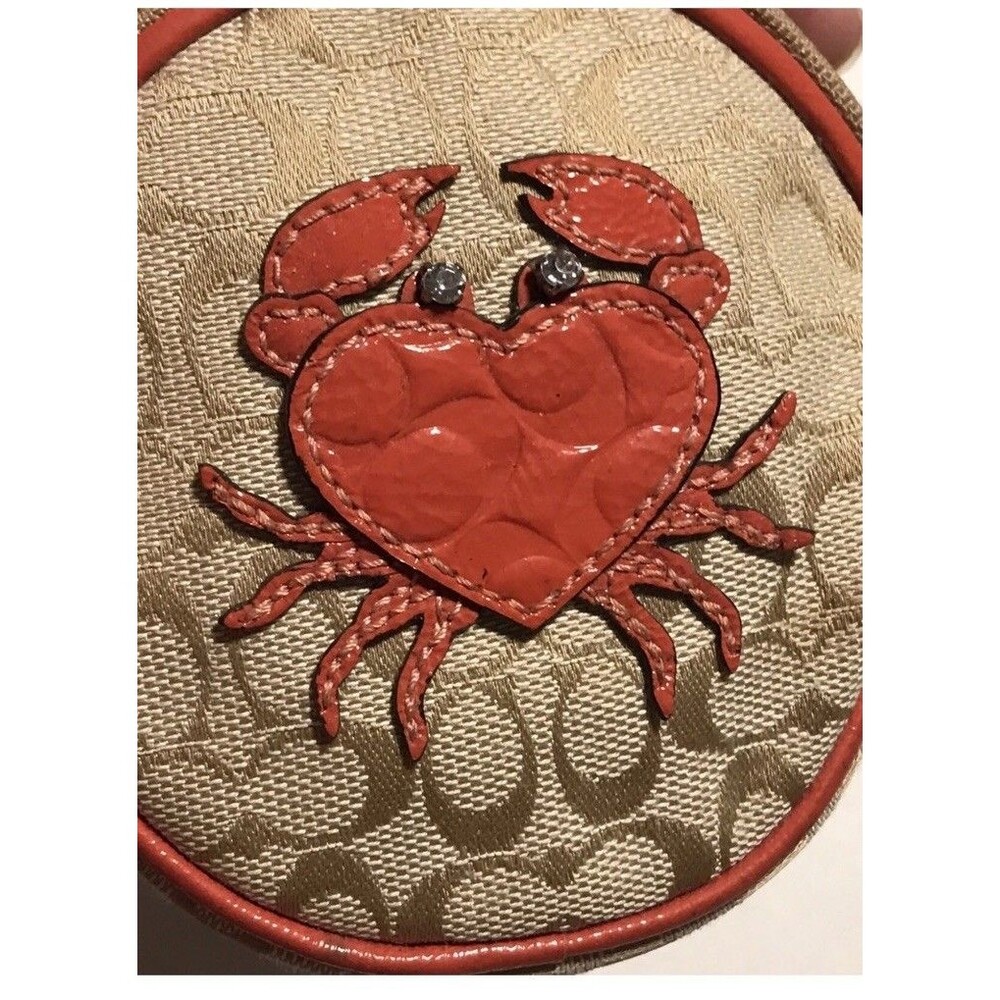 Coach Sig C Coral Leather Crab Round Coin Purse Bag Mini Wristlet Wallet